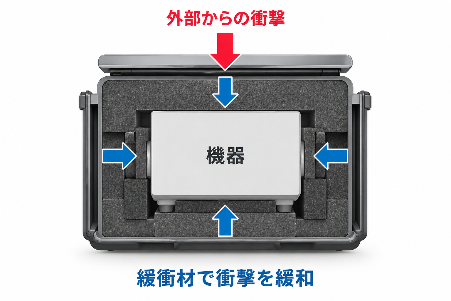 ハードケース内部の緩衝材で機器への衝撃を緩和するイメージ