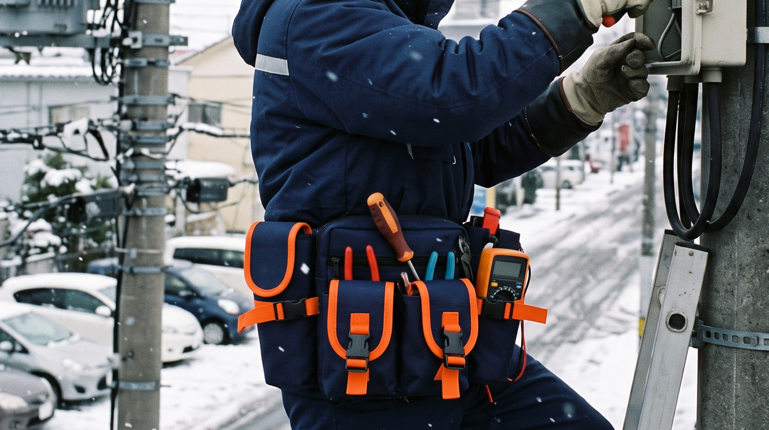 低温の屋外環境で工具や測定機器を携帯するケースの使用例