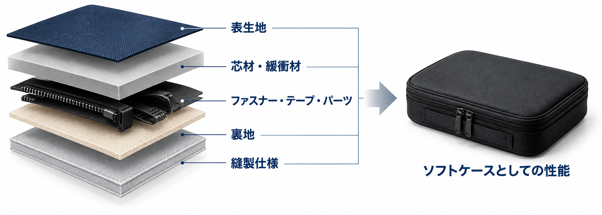 表生地・芯材・緩衝材・ファスナー・裏地・縫製仕様からなるソフトケースの構造