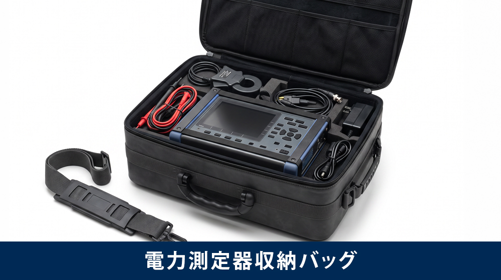 電力測定器と測定ケーブル・アクセサリーを収納した専用バッグ